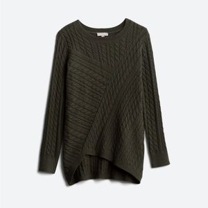 Evolution by Cyrus, asymmetrical hem, cable kit sweater size XL, olive green